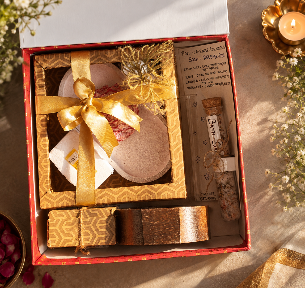 Overhead view of a ribboned gift tray with bath bomb, soap, bath salts and wooden pieces
