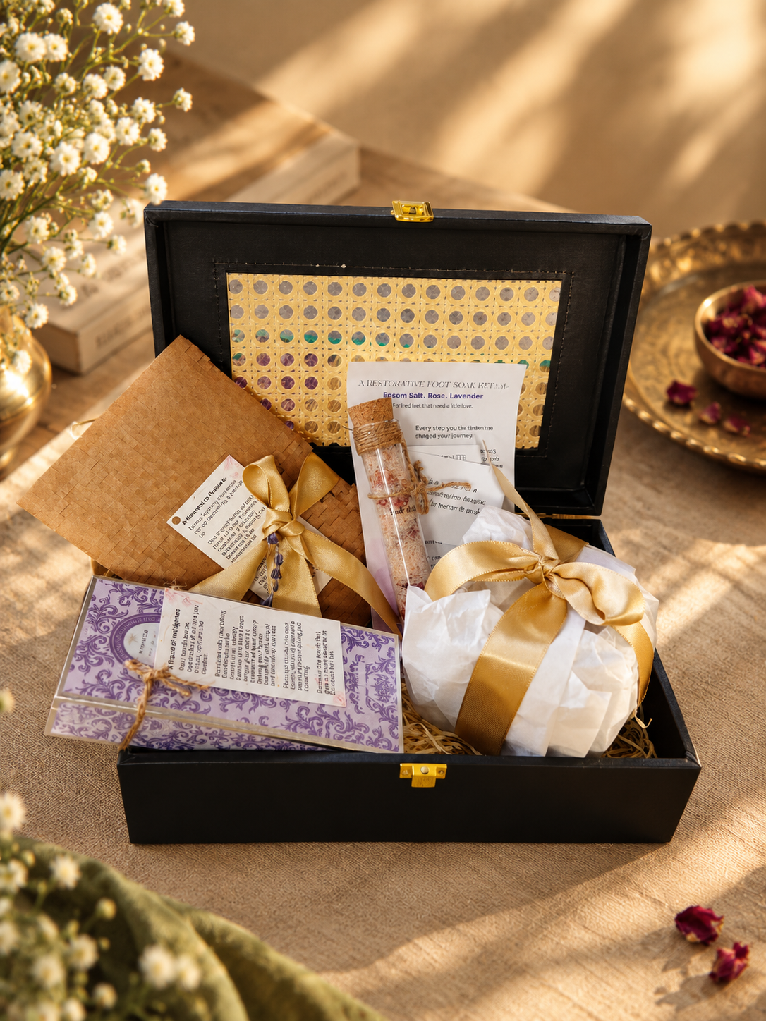 Open black gift box with restorative foot-soak vial, gold ribbon, dried rose petals and handwritten cards