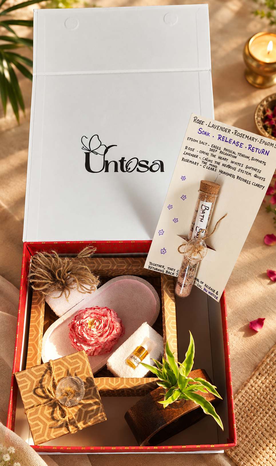 Open Untosa box with slippers, fabric rose, bath salt vial and handwritten ritual card