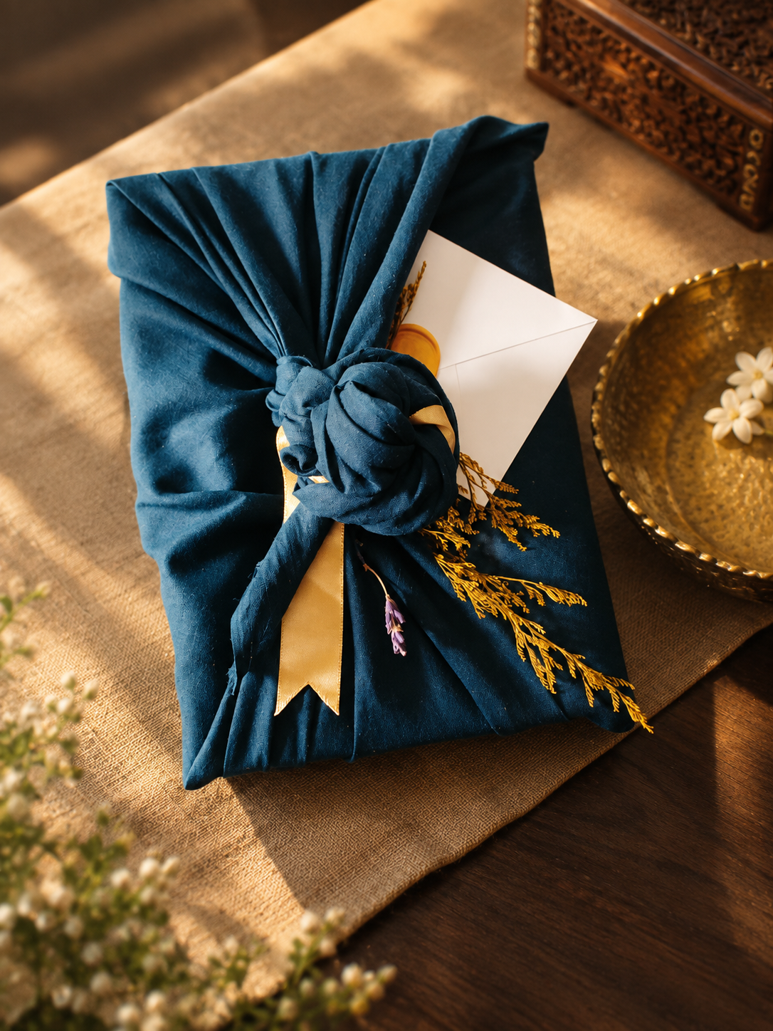 Indigo cotton furoshiki wrap knotted with gold ribbon, dried sprigs and a sealed envelope
