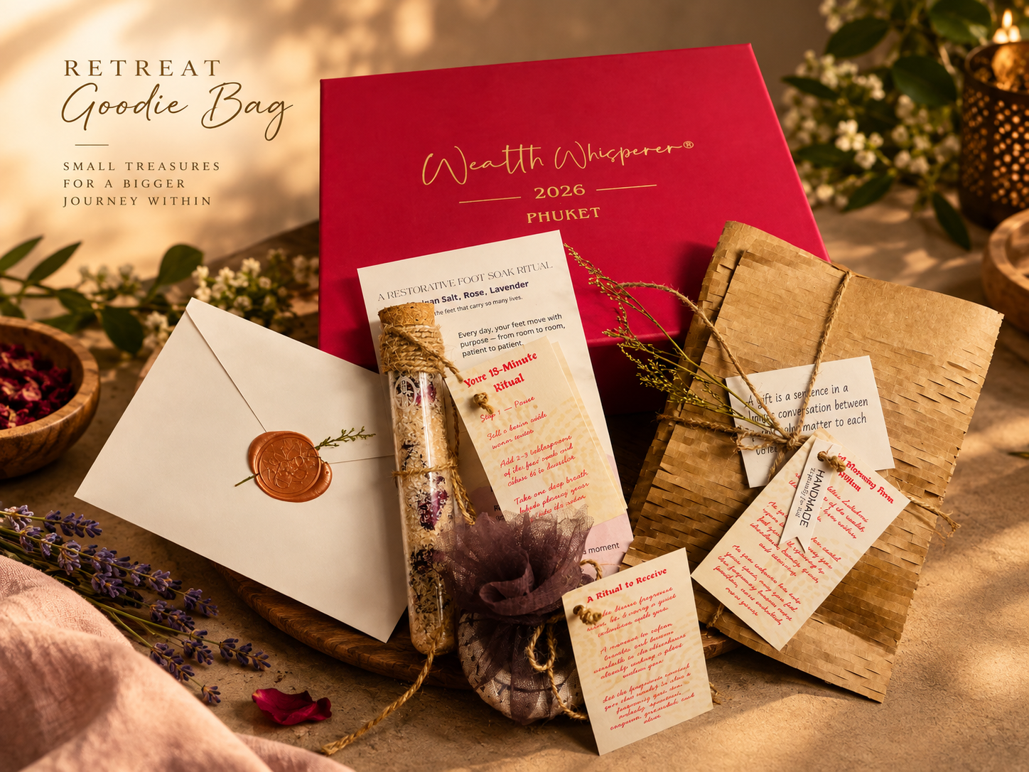 Retreat goodie bag with a restorative foot-soak ritual, handwritten notes and wrapped keepsakes