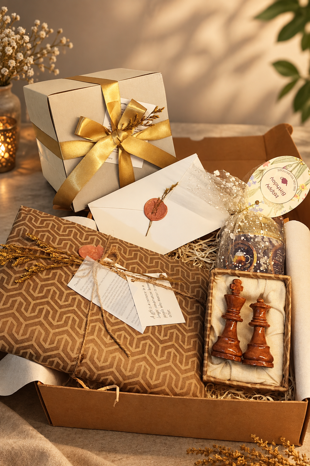 Open gift box with ribboned keepsake box, wax-sealed envelope, patterned wrap and carved chess pieces