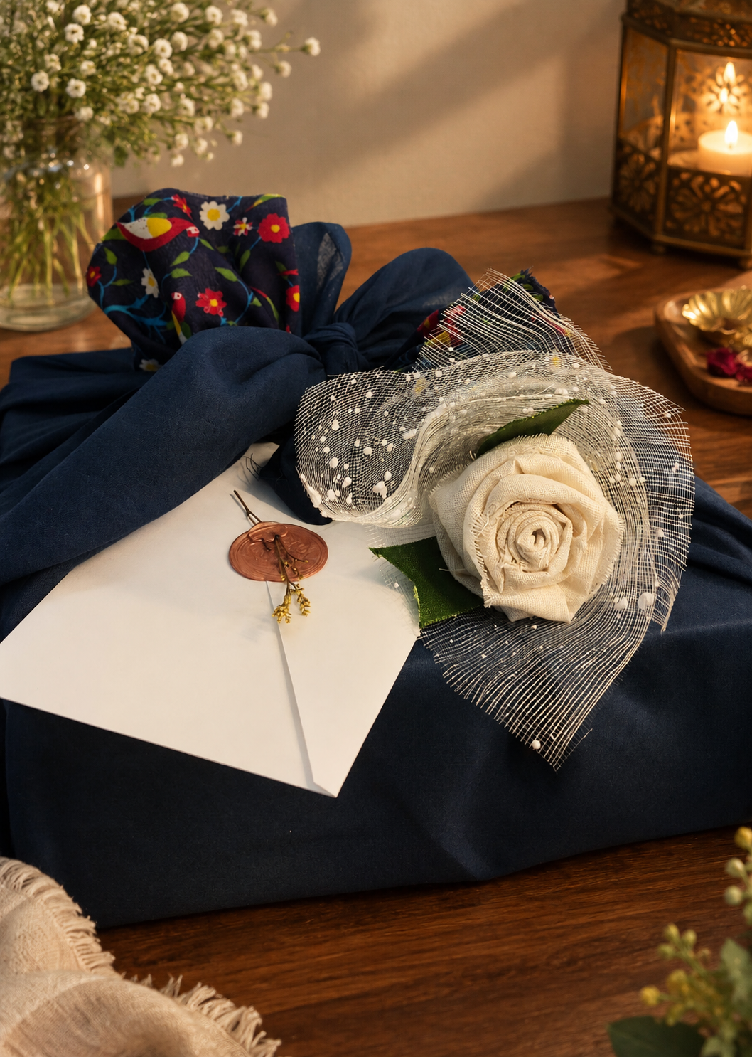 Navy fabric-wrapped gift with cloth rose and wax-sealed envelope
