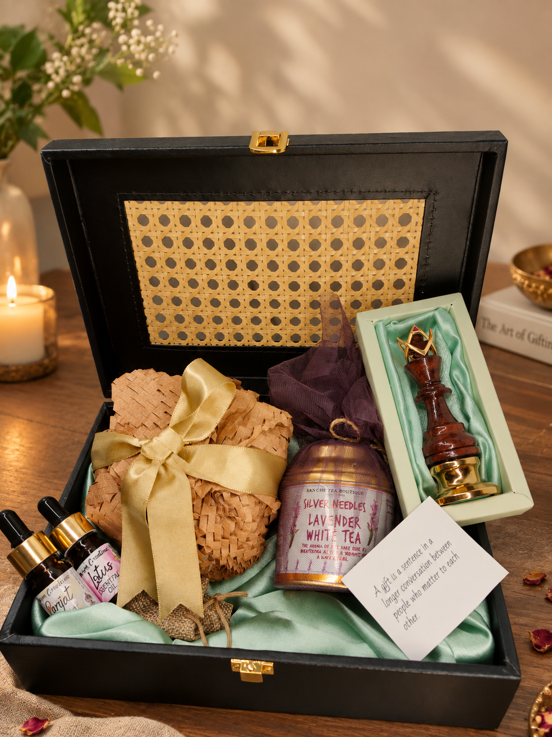 Open black case lined in mint satin holding oils, tea, a ribboned parcel, carved chess king and a handwritten card